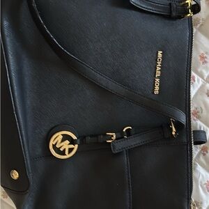 Michael Kors Black Leather Tote with Gold Details